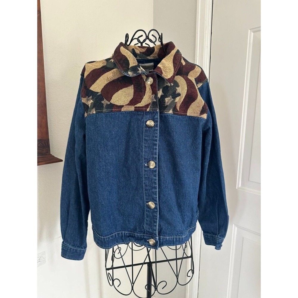Coldwater Creek Vintage Denim Tapestry Jacket Petite L American Flag Stars